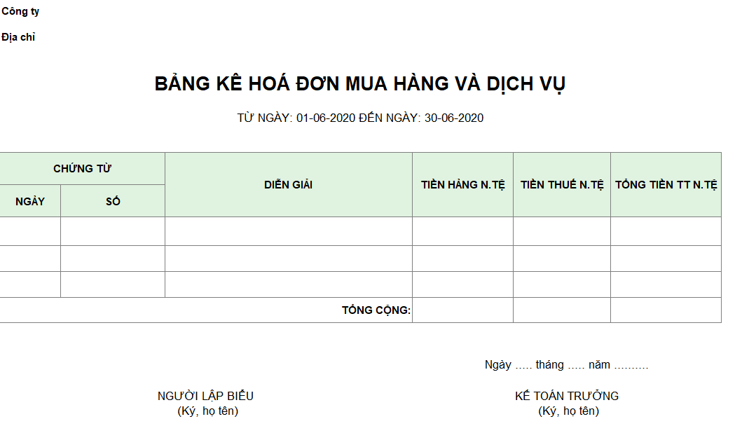 Mẫu bảng kê hóa đơn mua hàng hóa và dịch vụ ( Ngoại tệ )