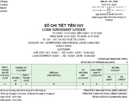 Mẫu sổ chi tiết tiền vay theo TT133 ( Song ngữ)