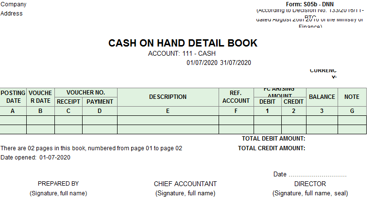 Mẫu sổ kế toán chi tiết quỹ tiền mặt theo TT 133 ( TIẾNG ANH - Ngoại tệ)