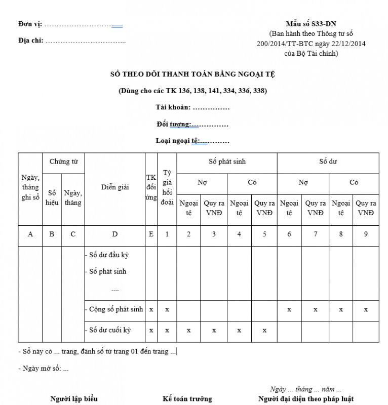 Mẫu Sổ theo dõi thanh toán bằng ngoại tệ theo Thông tư 200/2014/TT-BTC