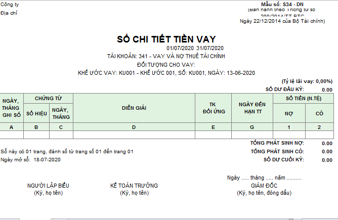 Mẫu sổ chi tiết tiền vay theo TT200 ( Ngoại tệ)