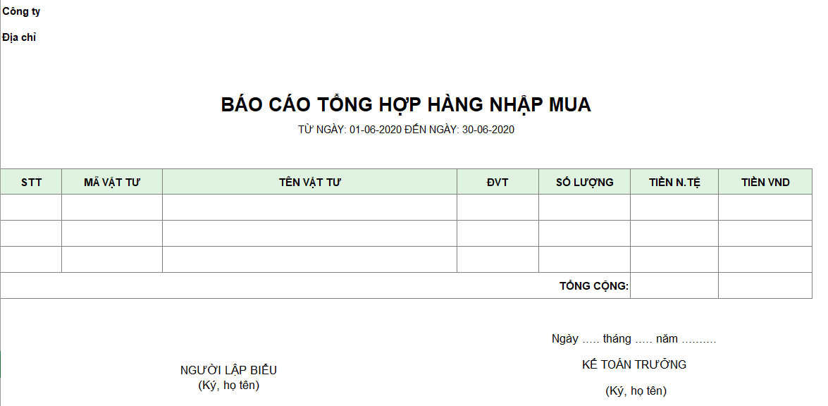 Mẫu báo cáo tổng hợp hàng nhập mua ( Ngoại tệ)