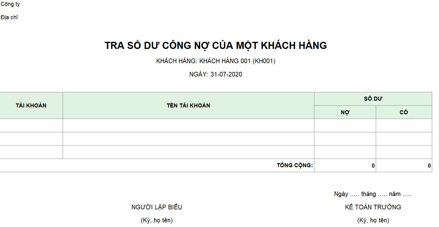 Mẫu tra số dư công nợ của một khách hàng