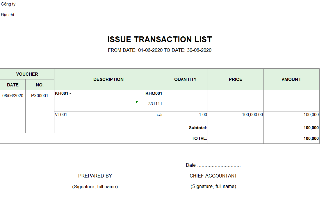 Mẫu bảng kê phiếu xuất ( TIẾNG ANH)