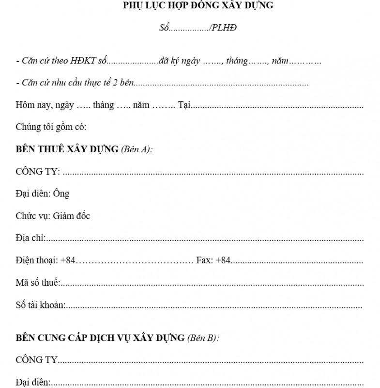 Phụ lục hợp đồng xây dựng