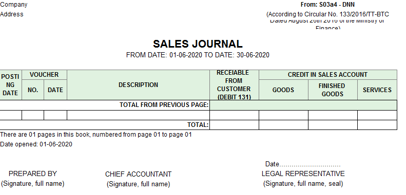Mẫu sổ nhật ký bán hàng ( TIẾNG ANH) theo TT133/2016/TT-BTC