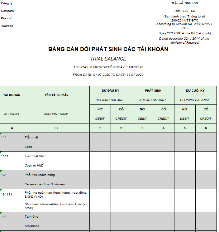 Mẫu bảng cân đối phát sinh các tài khoản theo TT200 ( Song ngữ)