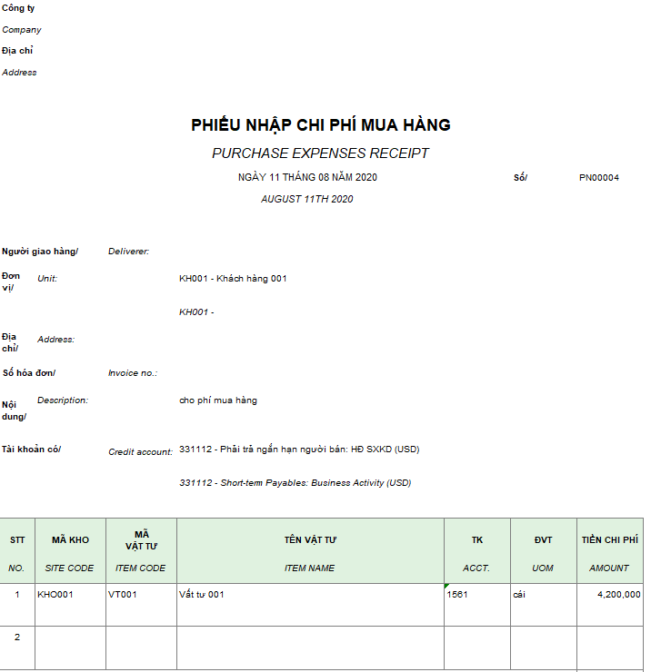 Mẫu phiếu nhập chi phí mua hàng ( Song ngữ )