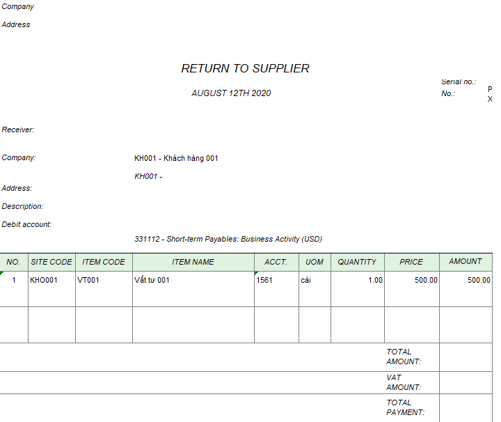 Mẫu phiếu xuất trả lại nhà cung cấp ( TIẾNG ANH - Ngoại tệ)