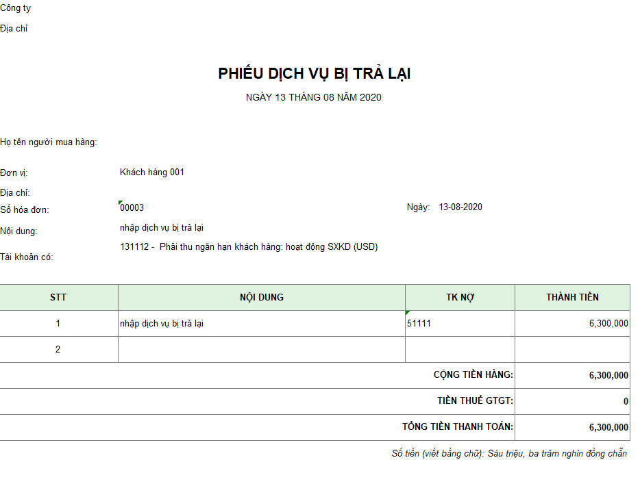 Mẫu phiếu dịch vụ bị trả lại