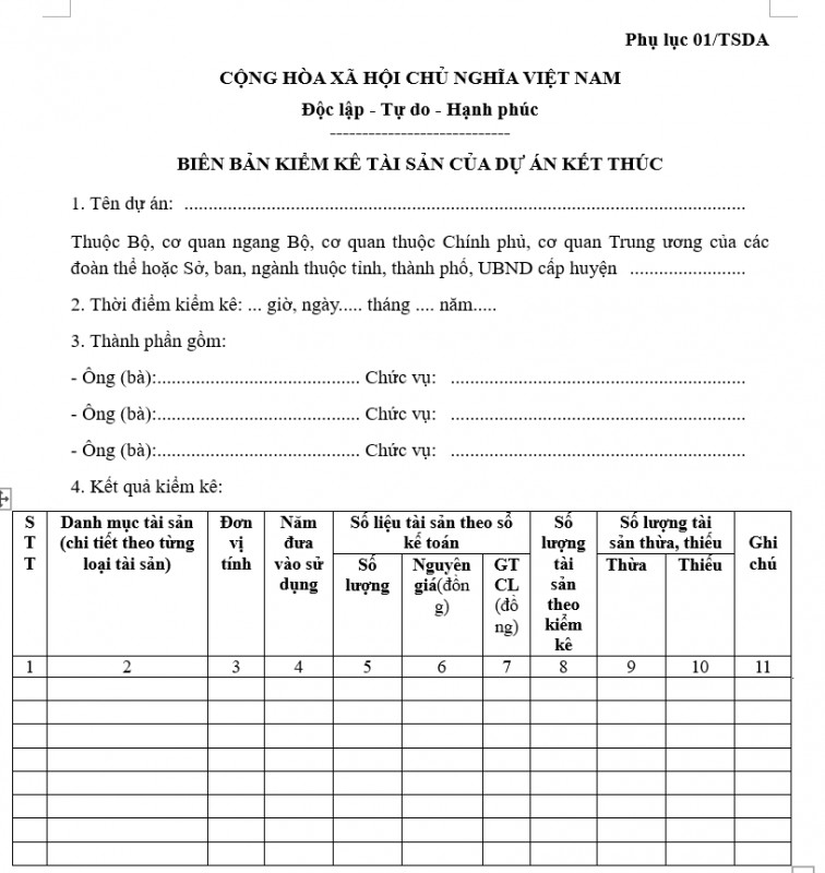 Mẫu biên bản kiểm kê tài sản của dự án kết thúc