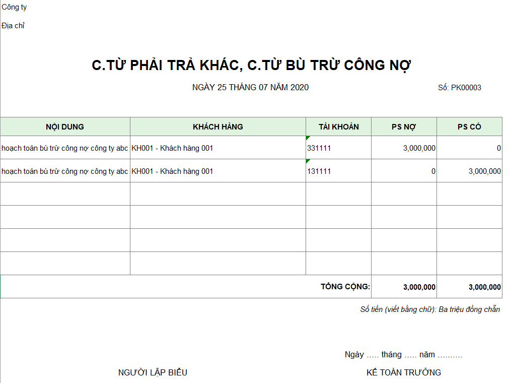 Mẫu chứng từ phải trả, chứng từ bù trừ công nợ