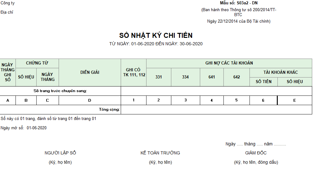 Mẫu sổ nhật ký chi tiền ( Ngoại tệ) theo TT200/2014/TT-BTC