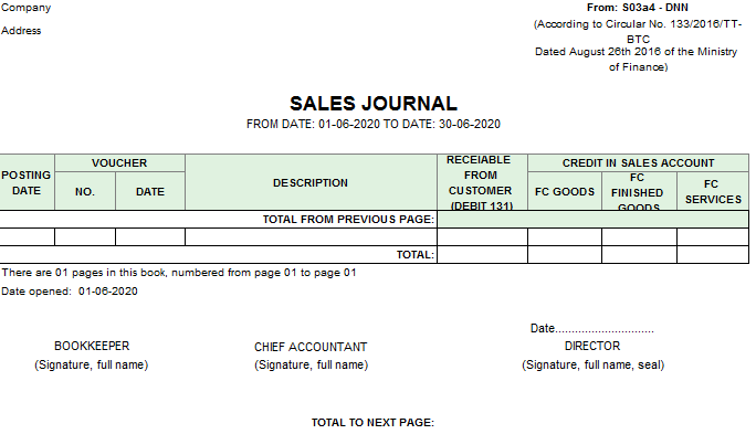 Mẫu sổ nhật ký bán hàng( TIẾNG ANH - Ngoại tệ) theo TT133/2016/TT-BTC