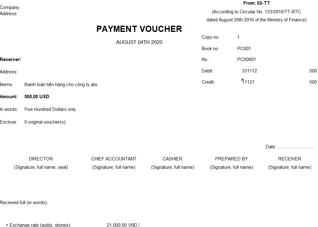 Mẫu phiếu chi theo TT 133 ( TIẾNG ANH - Ngoại tệ)