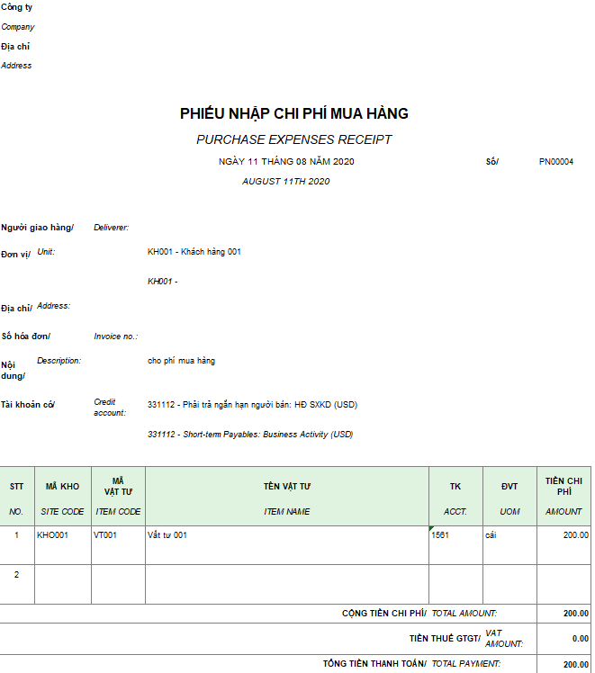 Mẫu phiếu nhập chi phí mua hàng ( Song ngữ - Ngoại tệ )