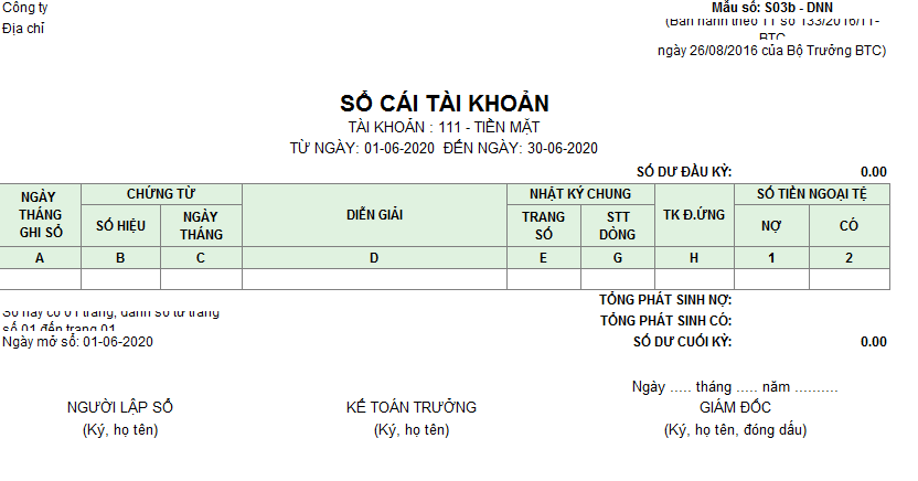 Mẫu Sổ cái ( Ngoại tệ) theo TT133/2016/TT-BTC