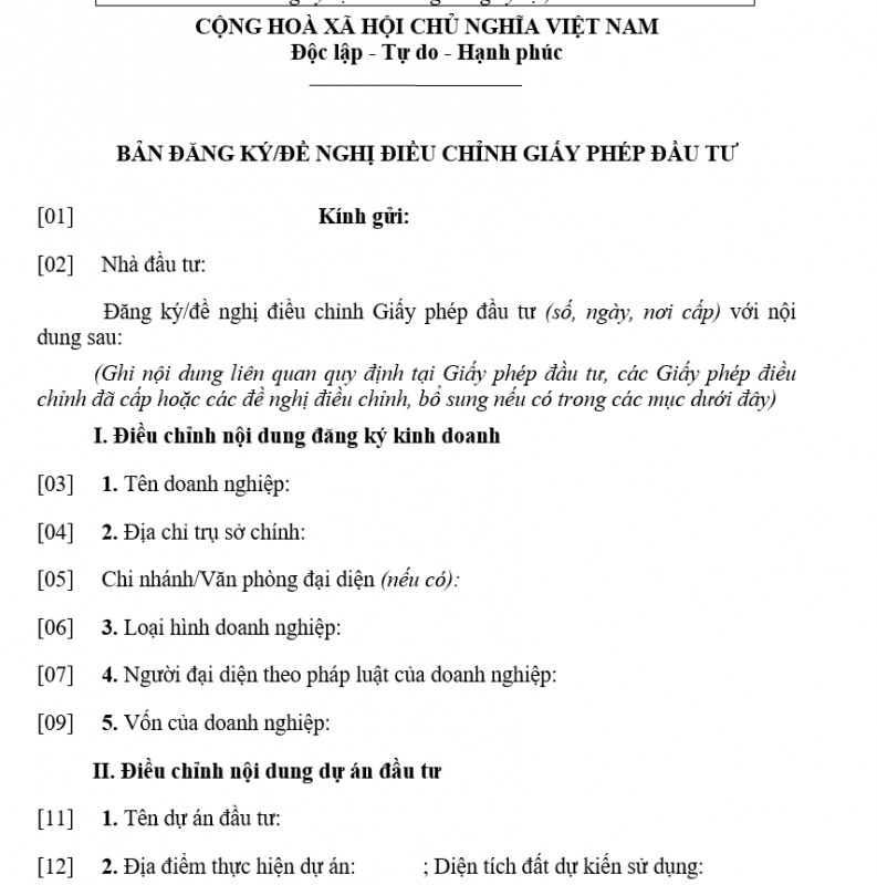 Bản đăng ký điều chỉnh giấy phép đầu tư