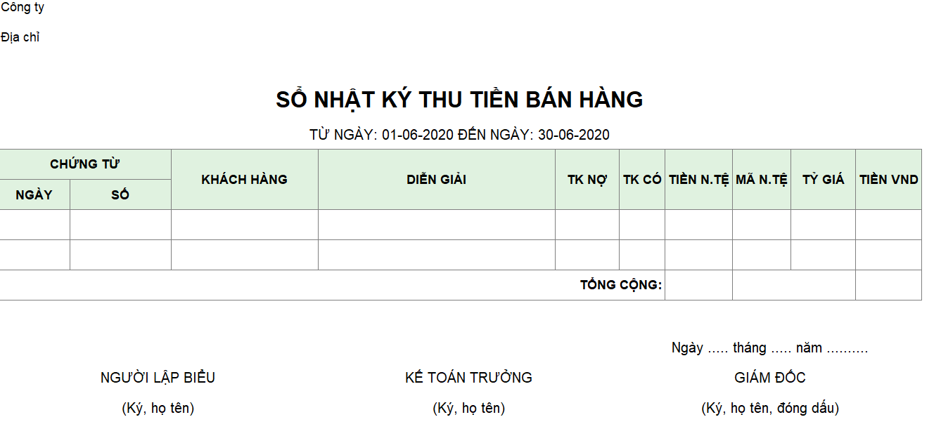 Mẫu sổ nhật ký thu tiền bán hàng ( Ngoại tệ)