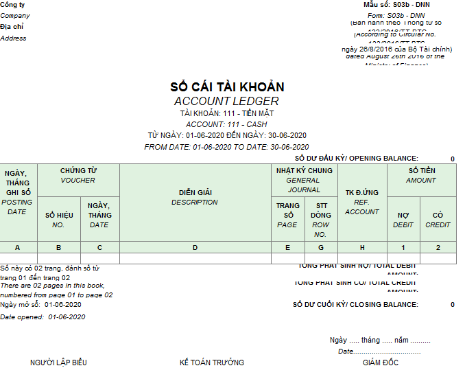 Mẫu Sổ cái ( Song ngữ) theo TT133/2016/TT-BTC