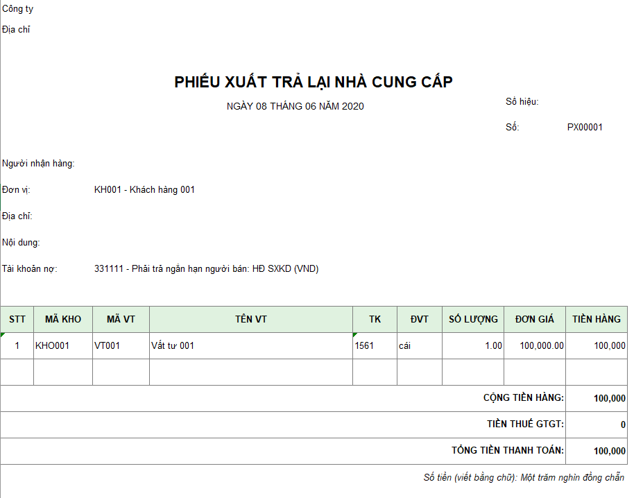 Mẫu phiếu xuất trả lại nhà cung cấp