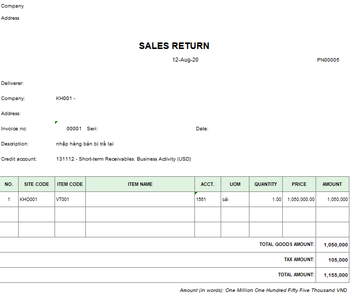 Mẫu phiếu nhập hàng bán bị trả lại ( TIẾNG ANH )