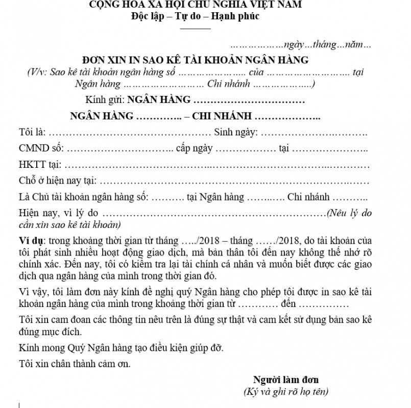 Mẫu đơn xin in sao kê tài khoản ngân hàng mới