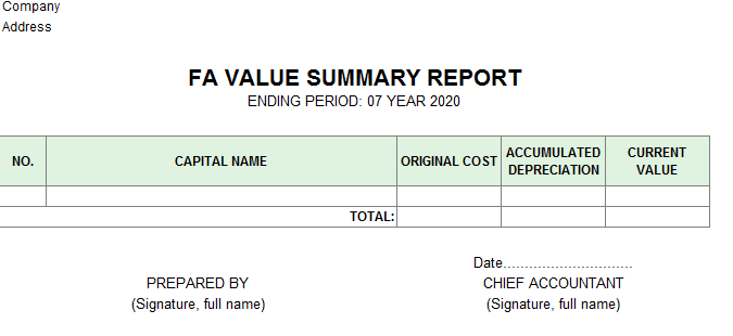 Mẫu báo cáo tổng hợp TSCĐ ( TIẾNG ANH)