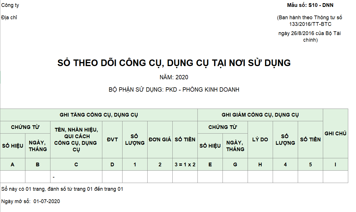 Mẫu sổ theo dõi CCDC tại nơi sử dụng theo TT 133
