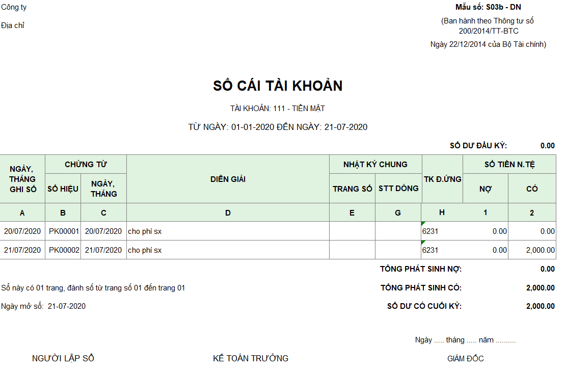 Mẫu sổ cái tài khoản theo TT200 ( Ngoại tệ)