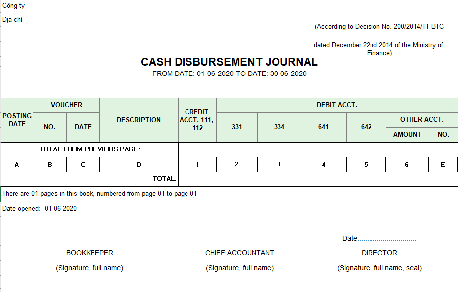 Mẫu sổ nhật ký chi tiền (TIẾNG ANH - Ngoại tệ) theo TT200/2014/TT-BTC
