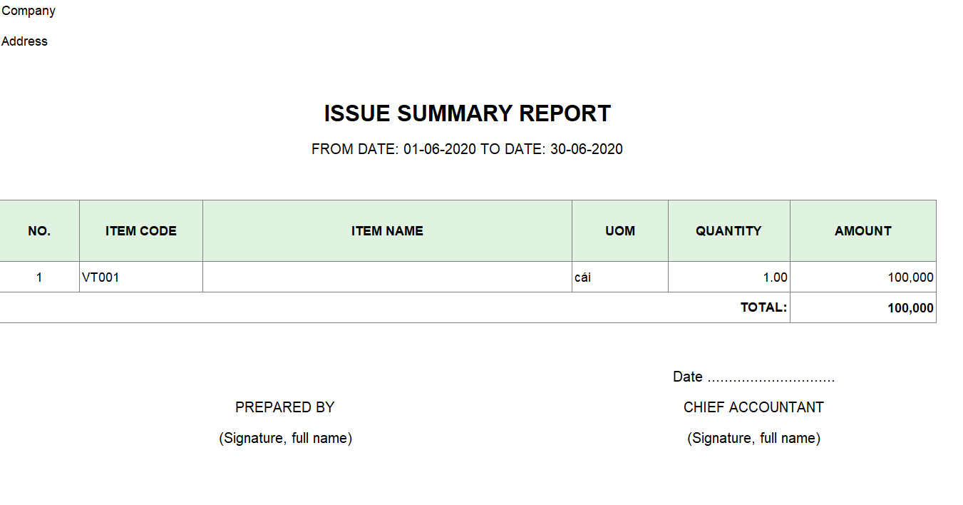 Mẫu tổng hợp hàng nhập kho ( TIẾNG ANH)