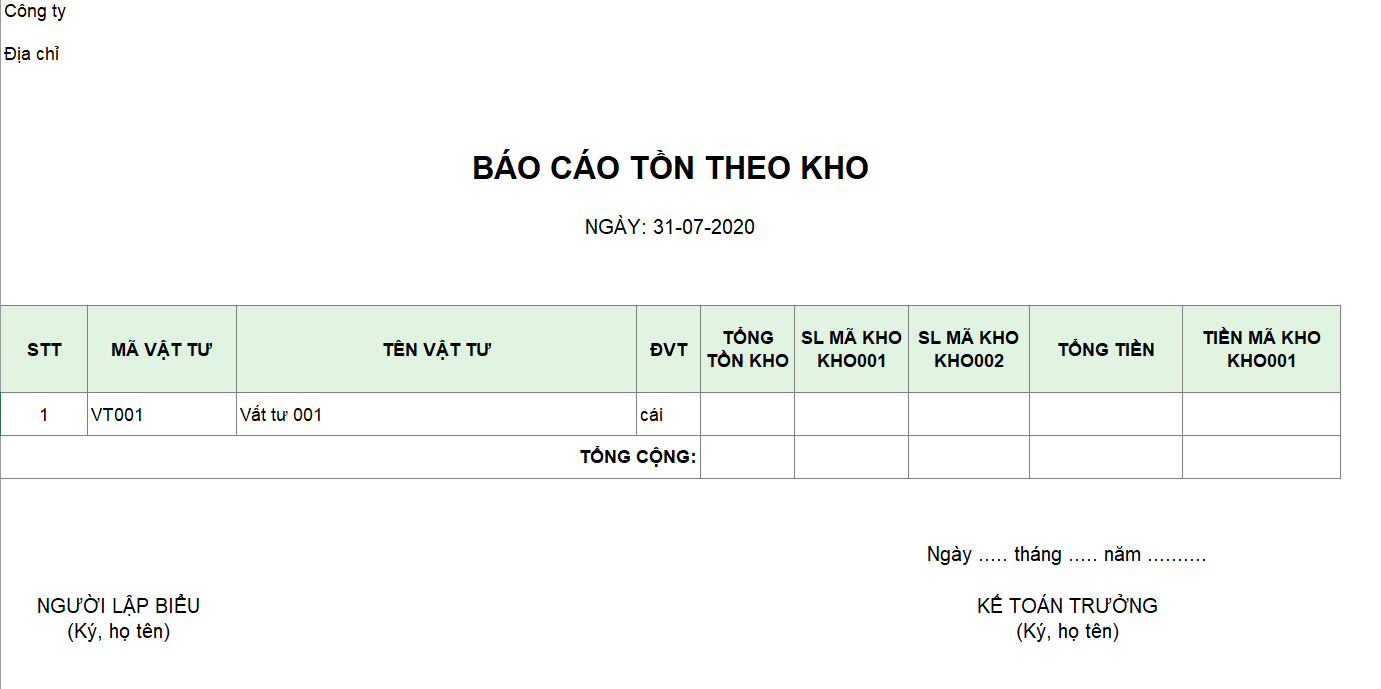 Mẫu báo cáo tồn theo kho