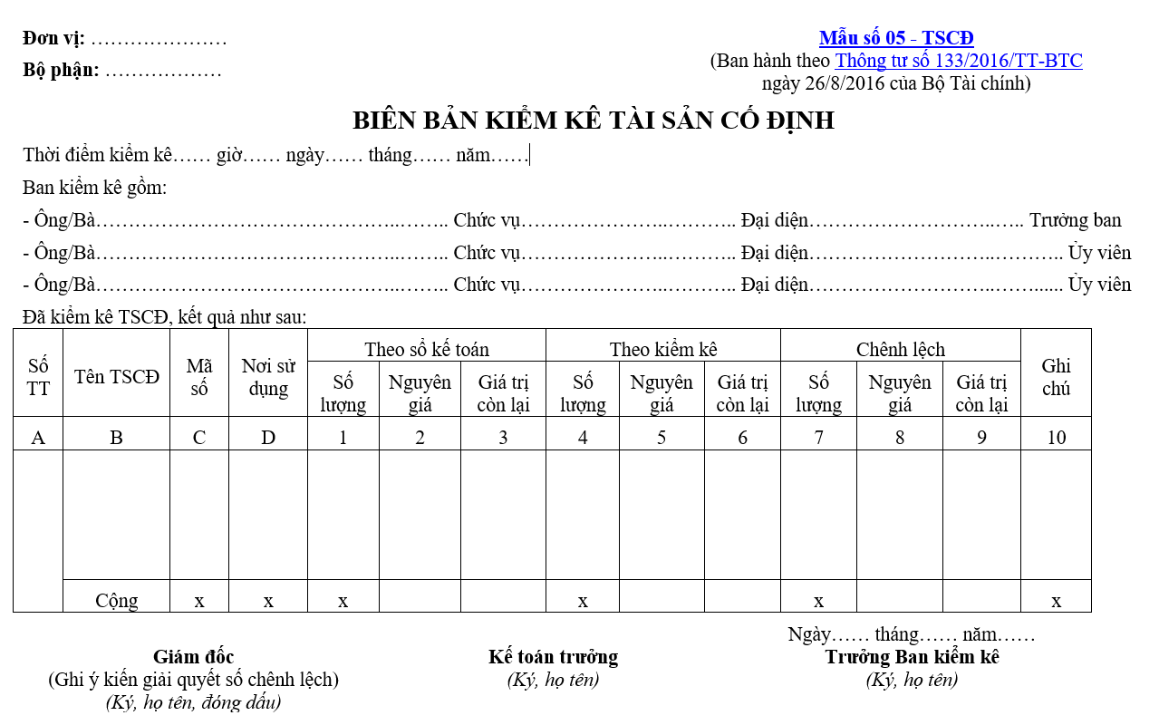 Mẫu biên bản kiểm kê TSCĐ theo TT133
