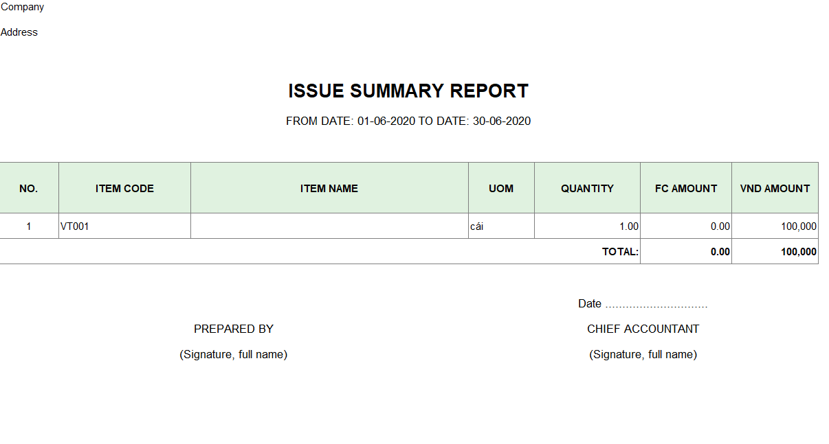 Mẫu tổng hợp hàng nhập kho ( TIẾNG ANH - Ngoại tệ)