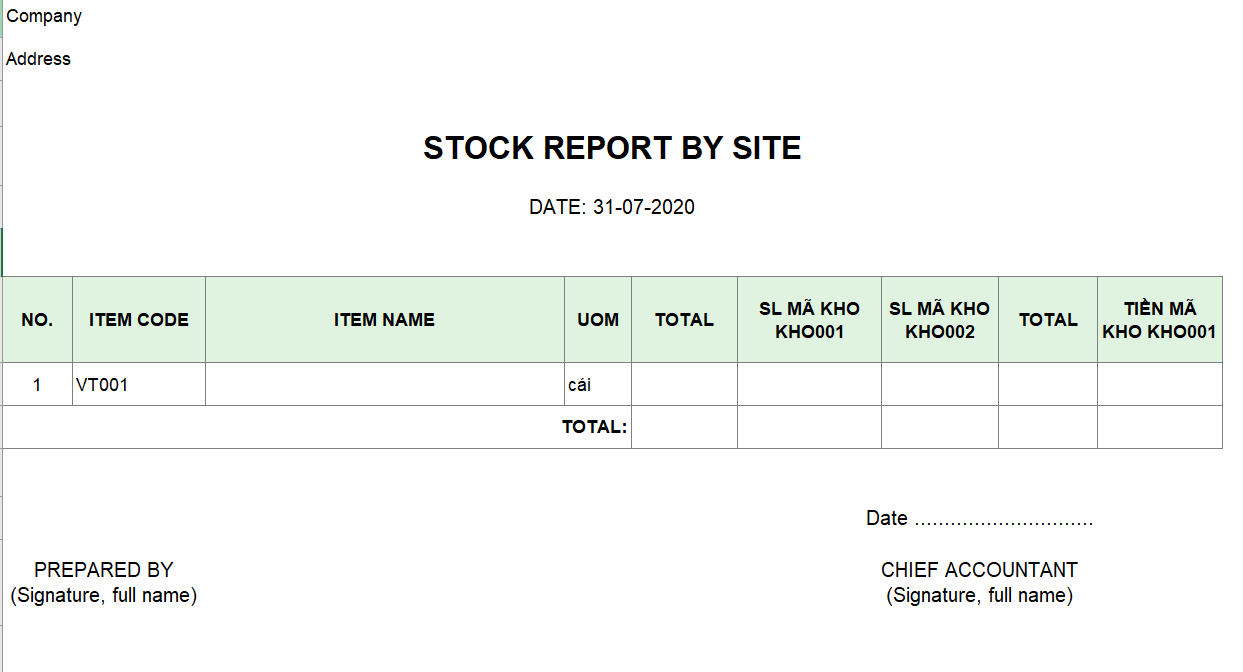 Mẫu báo cáo tồn theo kho ( TIẾNG ANH)