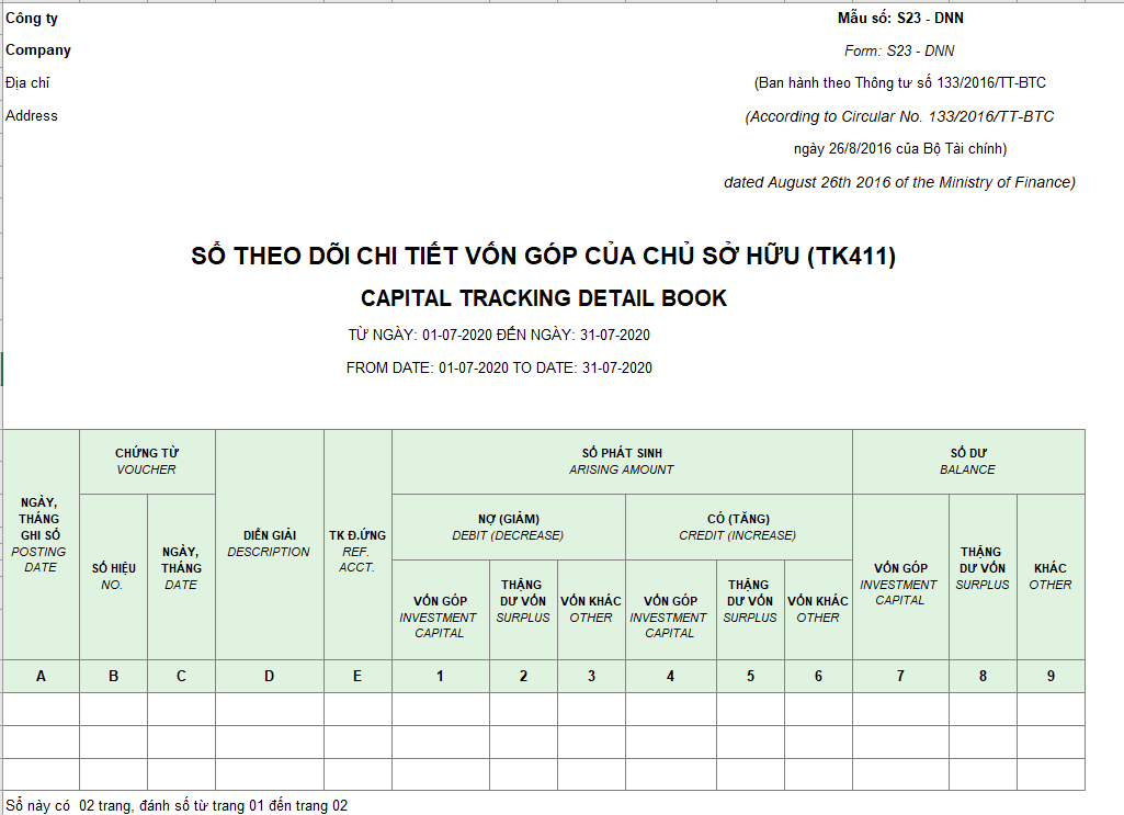 Mẫu sổ chi tiết nguồn vốn kinh doanh TT 133 ( Song ngữ)