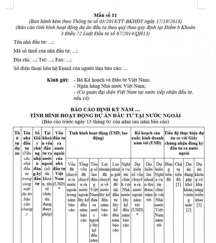 Mẫu báo cáo định kỳ năm tình hình đầu tư dự án tại nước ngoài