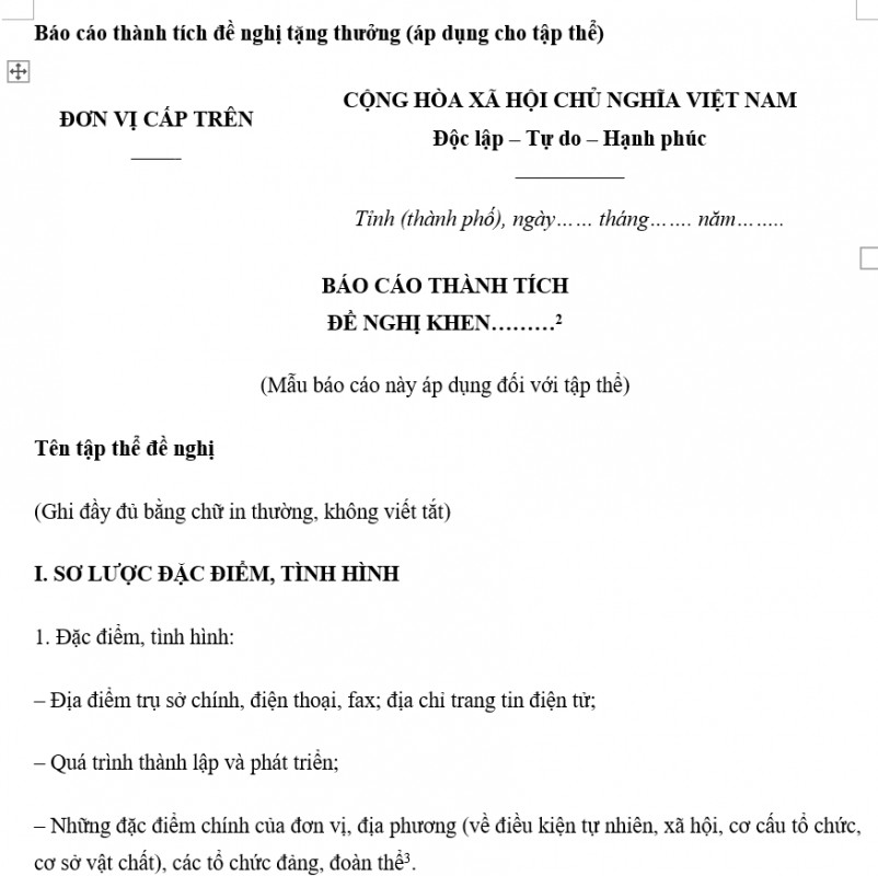 Báo cáo thành tích đề nghị tặng thưởng