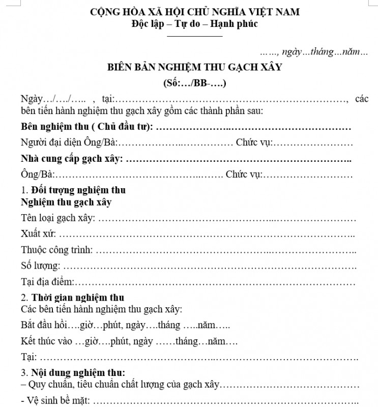 Mẫu biên bản nghiệm thu gạch xây