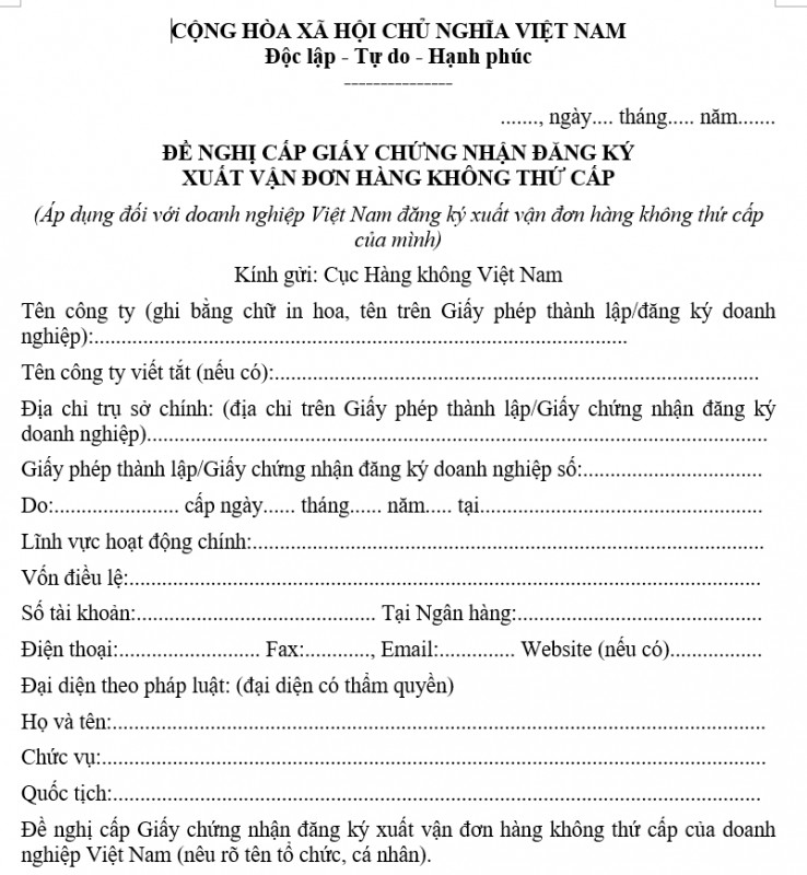 Mẫu đề nghị cấp giấy chứng nhận đăng ký xuất vận đơn hàng không thứ cấp