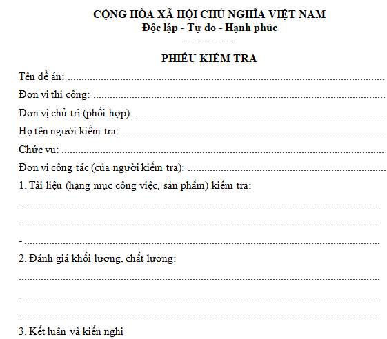 Mẫu phiếu kiểm tra đề án