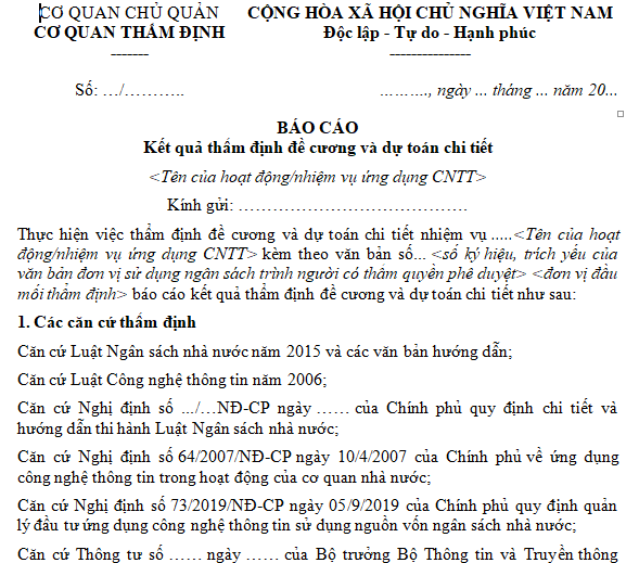 Mẫu báo cáo kết quả thẩm định đề cương và dự toán chi tiết