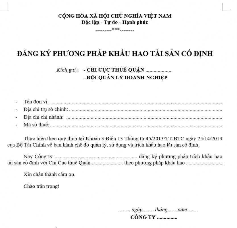 Mẫu đăng ký phương pháp khấu hao tài sản cố định