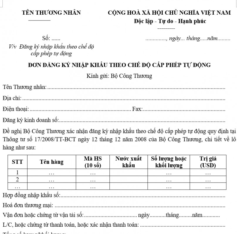 Mẫu đơn đăng ký nhập khẩu theo chế độ cấp phép tự động