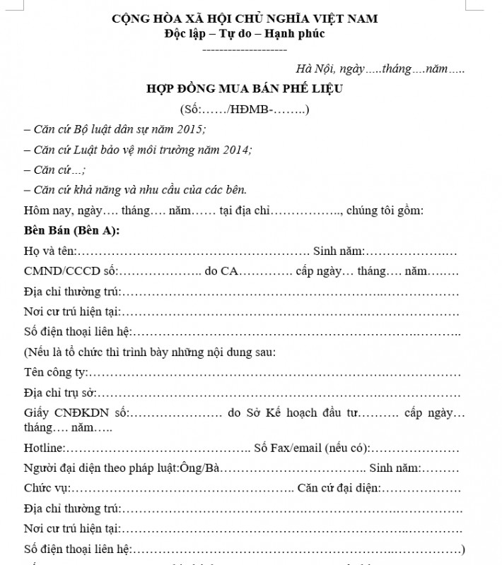 Mẫu hợp đồng mua bán phế liệu