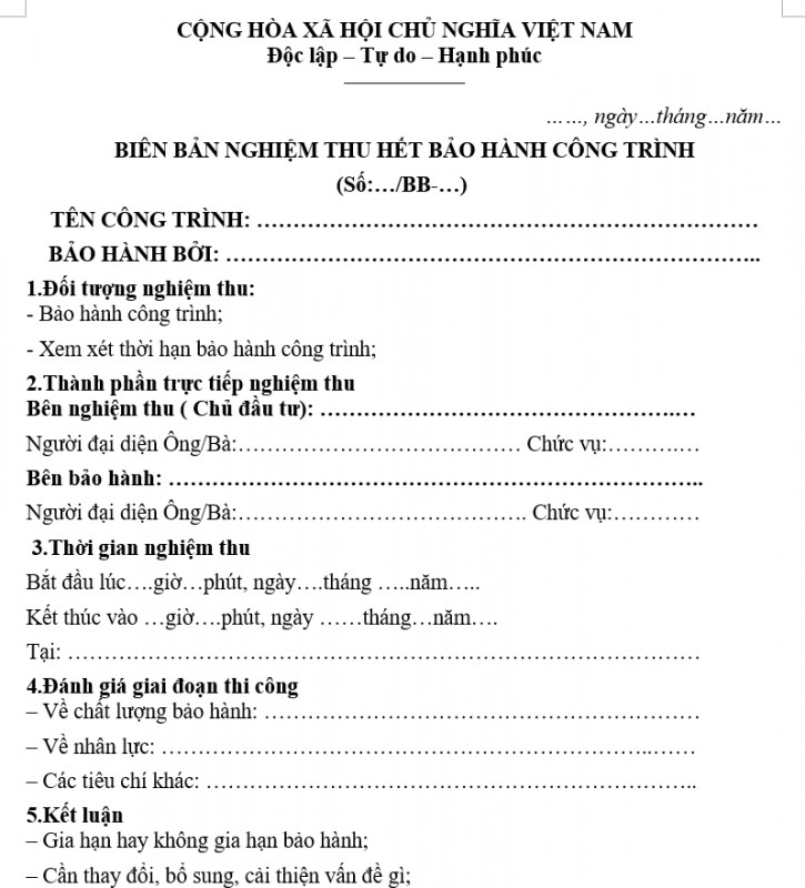 Mẫu biên bản nghiệm thu hết bảo hành công trình