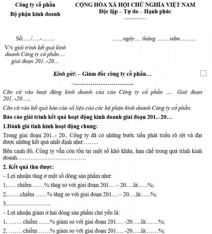 Mẫu giải trình kết quả kinh doanh
