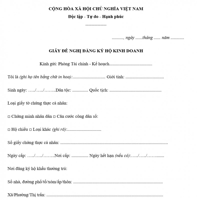 Giấy đề nghị đăng ký Hộ kinh doanh