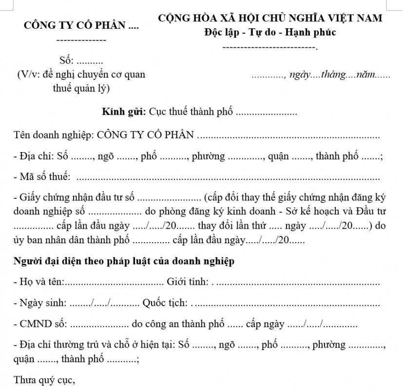 Mẫu công văn đề nghị chuyển cơ quan thuế quản lý